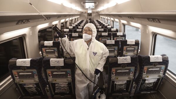 Распыление дезинфицирующих средств в поезде на станции в Сеуле в качестве меры предосторожности против нового коронавируса, Южная Корея - Sputnik Молдова