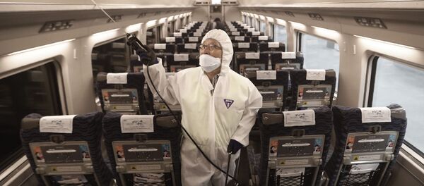 Распыление дезинфицирующих средств в поезде на станции в Сеуле в качестве меры предосторожности против нового коронавируса, Южная Корея - Sputnik Moldova-România