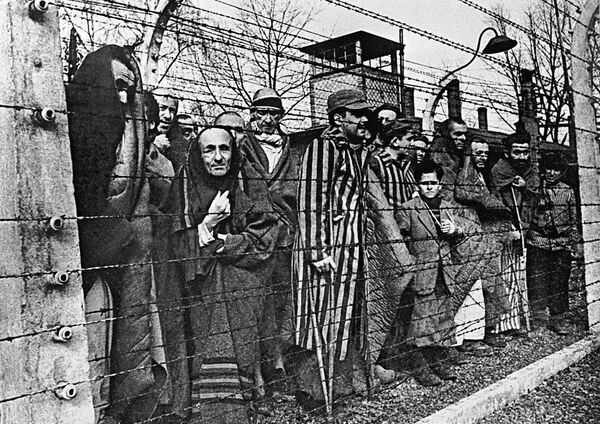 Заключенные концлагеря Освенцим смотрят в объектив из-за колючей проволоки - Sputnik Молдова