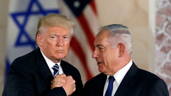 U.S. President Donald Trump and Israeli Prime Minister Benjamin Netanyahu shake hands - Sputnik Moldova-România