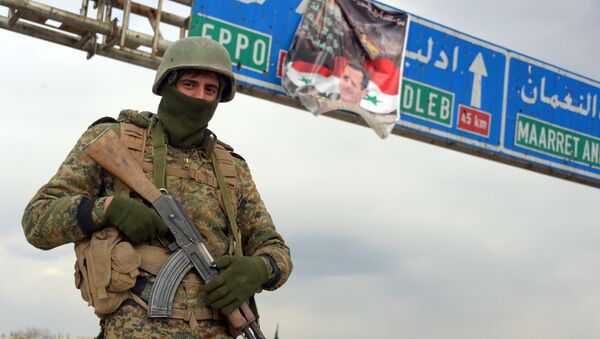 Военнослужащий Сирийской арабской армии в освобожденном от боевиков террористической группировки ИГ городе Мааррат-эн-Нууман в Сирии - Sputnik Moldova-România