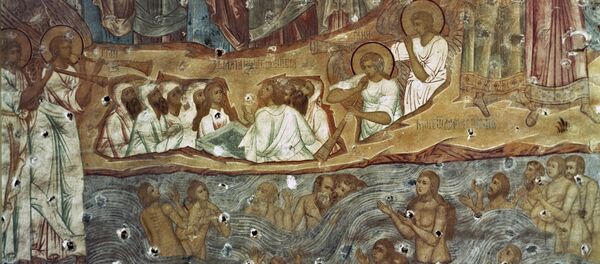 Репродукция фрагмента фрески Страшный суд. 1675. Церковь Спаса на Сенях в Ростовском кремле. Репродукция фрагмента фрески Страшный суд. 1675. Церковь Спаса на Сенях в Ростовском кремле. - Sputnik Moldova