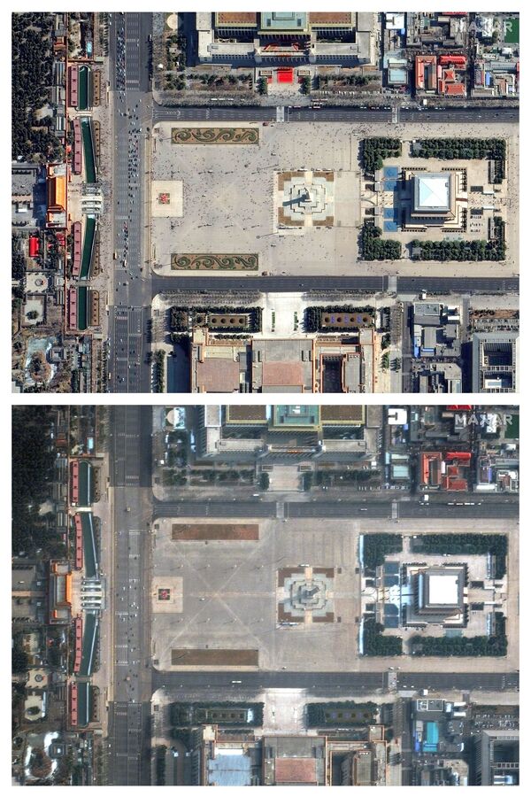 Площадь Тяньаньмэнь в Пекине до коронавируса 21 февраля 2019 года и во время коронавируса 11 февраля 2020 года - Sputnik Молдова