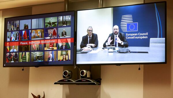 Președintele Consiliului European, Charles Michel, în timpul videoconferinței cu liderii europeni cu privire la Coronavirus, COVID-19, la Consiliul European - Sputnik Moldova-România