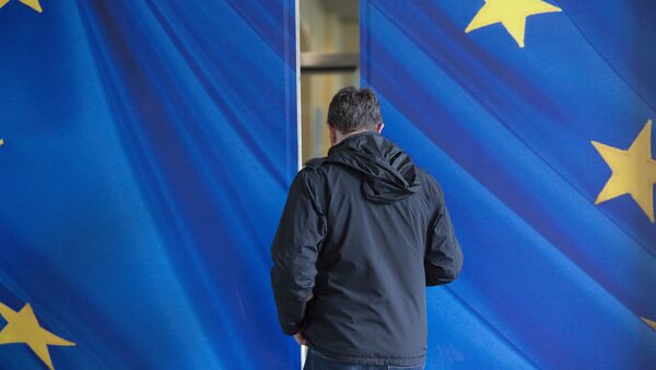 Мужчина идет через раздвижную дверь со звездами Европейского Союза - Sputnik Moldova-România