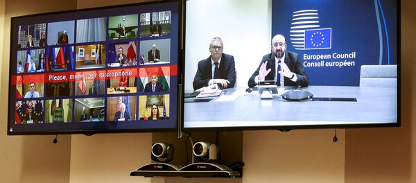 Președintele Consiliului European, Charles Michel, în timpul videoconferinței cu liderii europeni cu privire la Coronavirus, COVID-19, la Consiliul European Președintele Consiliului European, Charles Michel, în timpul videoconferinței cu liderii europeni cu privire la Coronavirus, COVID-19, la Consiliul European - Sputnik Moldova-România