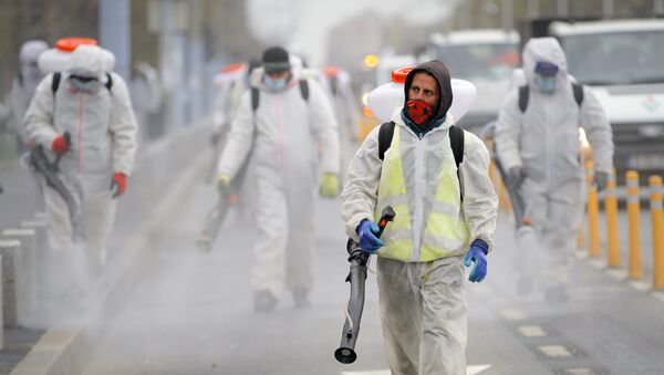 Muncitori pulverizând dezinfectant pe o stradă din București - Sputnik Moldova-România