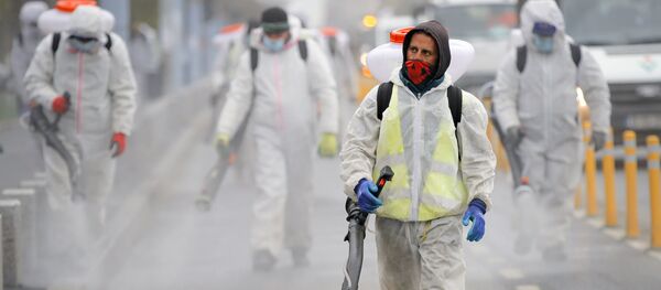 Muncitori pulverizând dezinfectant pe o stradă din București Muncitori pulverizând dezinfectant pe o stradă din București - Sputnik Moldova-România