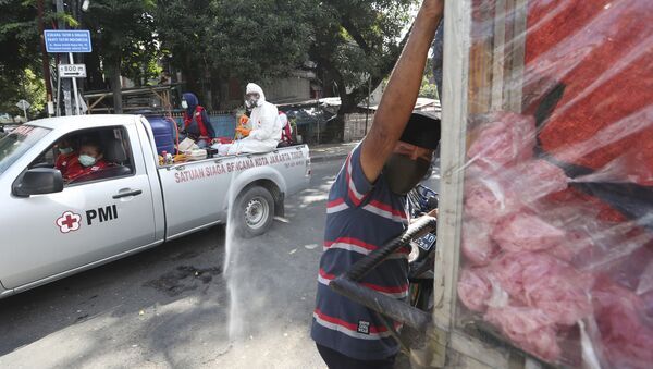  Члены индонезийского Красного Креста дезинфицируют улицы в Джакарте - Sputnik Молдова