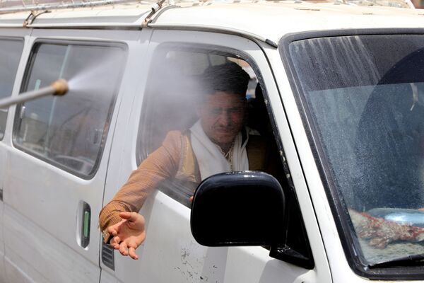 Медицинский работник распыляет бактерицид на человека в автомобиле на окраине города Сана, Йемен. - Sputnik Молдова