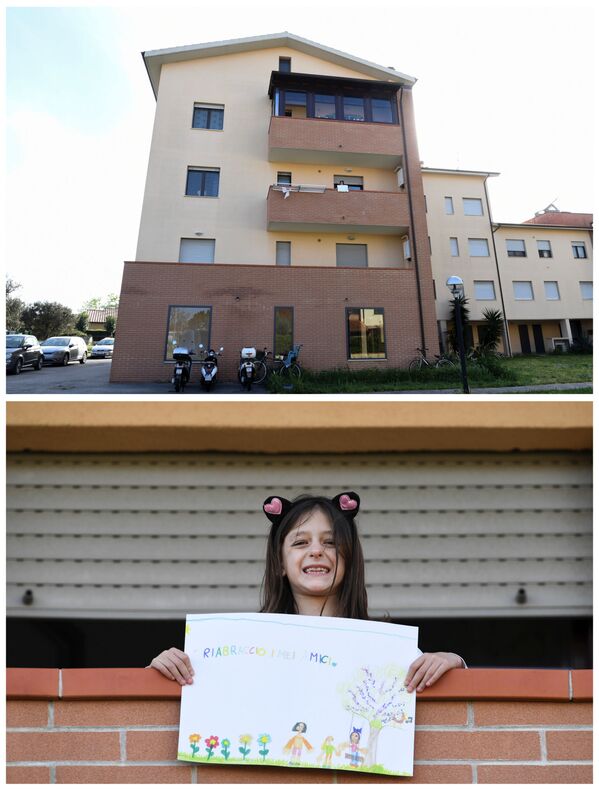 Семилетняя Арианна Соррезина со своим рисунком на балконе своего дома в Кастильоне-делла-Пеская, Италия - Sputnik Moldova-România