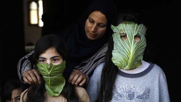Палестинка надевает на свои детей маски из капусты - Sputnik Moldova