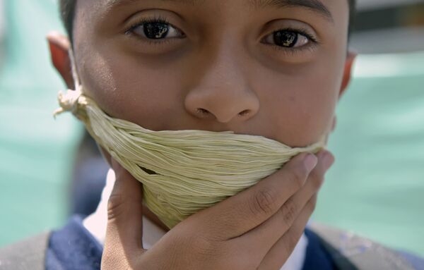 Школьник в маске, изготовленной из вторсырья и биоразлагаемых материалов, из-за нехватки медицинских масок в Колумбии - Sputnik Молдова
