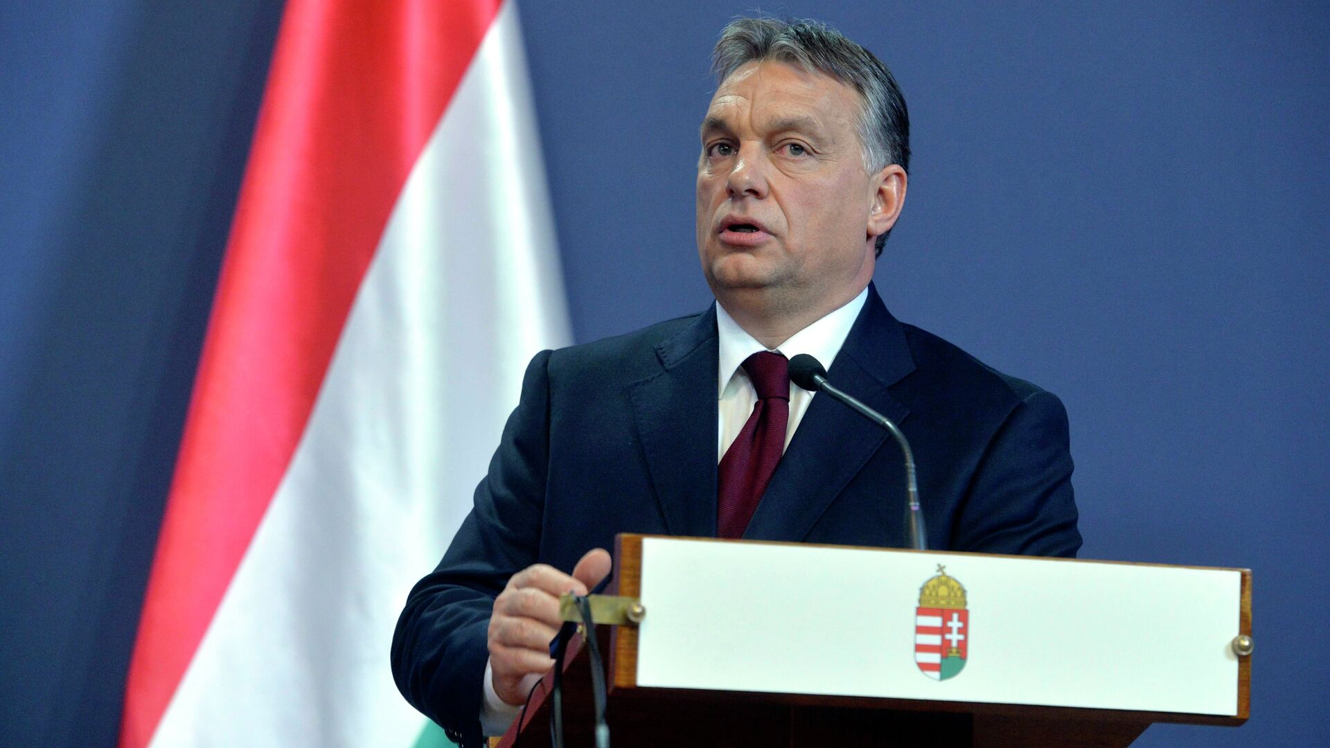 Hungarian Prime Minister Viktor Orban speaks during his joint press conference with Russian President Vladimir Putin in the Parliament building in Budapest, Hungary, Tuesday, Feb. 17, 2015. Putin is staying on a one-day working visit in the Hungarian capital. - Sputnik Moldova, 1920, 16.09.2023