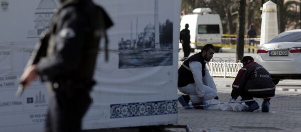 Policemen search for evidence at the historic Sultanahmet district after an explosion in Istanbul, Tuesday, Jan. 12, 2016. An explosion in a historic district of Istanbul popular with tourists killed 10 people and injured 15 others Tuesday morning, the Istanbul governor's office said. - Sputnik Молдова