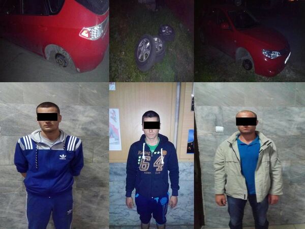 Trei hoți, prinși de polițiști în timp ce furau roțile de la o mașină. Colaj realizat de Poliția Capitalei. Trei hoți, prinși de polițiști în timp ce furau roțile de la o mașină. Colaj realizat de Poliția Capitalei. - Sputnik Moldova