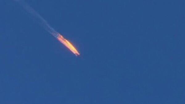 Горящий российский самолет Су-24, сбитый на сирийско-турецкой границе - Sputnik Молдова