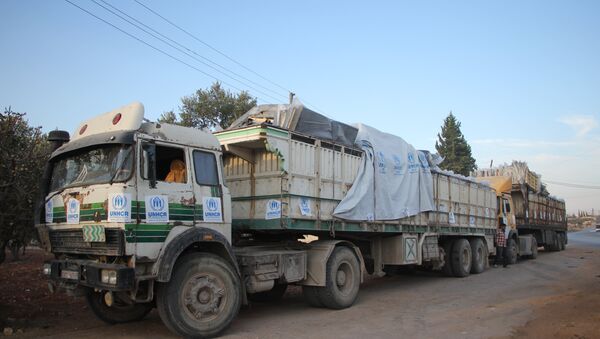 Trucks carrying aid are seen on the side of the road in the town of Orum al-Kubra on the western outskirts of the northern Syrian city of Aleppo on September 20, 2016 - Sputnik Moldova-România