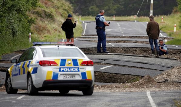 Местные жители и полиция на месте разломов в результате землетрясения в окрестностях города Уорд в Новой Зеландии - Sputnik Молдова